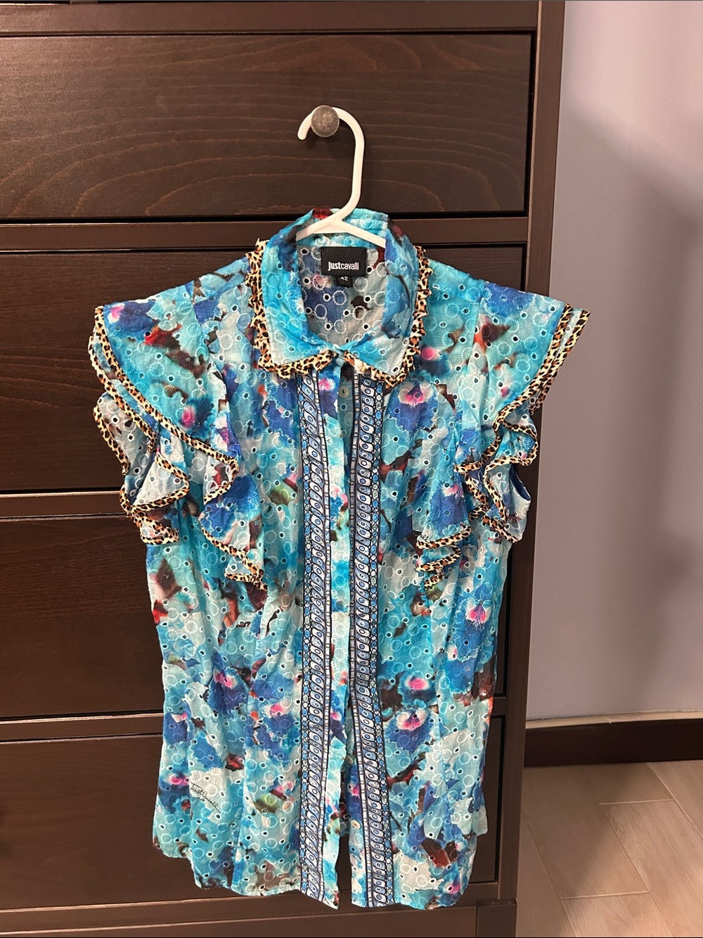 Just Cavalli Turquoise Floral Eyelet Ruffle Blouse with Leopard Trim